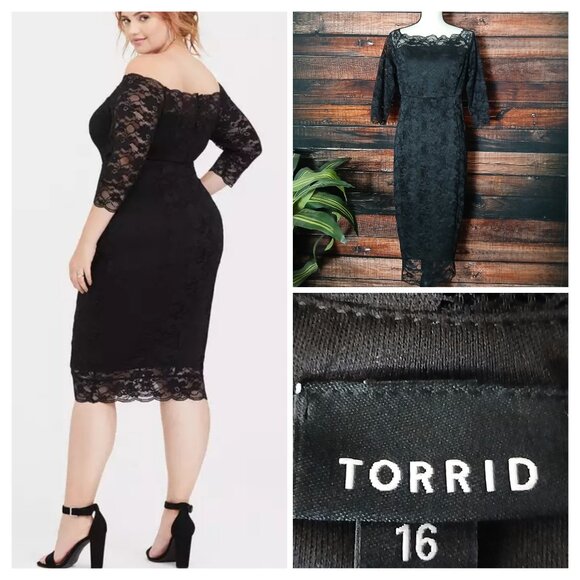 Torrid Dress Size 16 Special Occasion Elegant Black Lace Off Shoulder 3/4 Sleeve - Picture 1 of 9